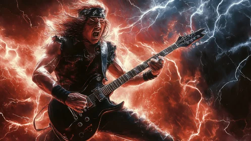 Heavy metal guitarist arcs through red and blue electric storm