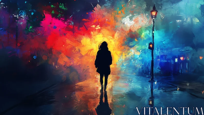 Chromatic night walk under lamplight with reflective wet street.