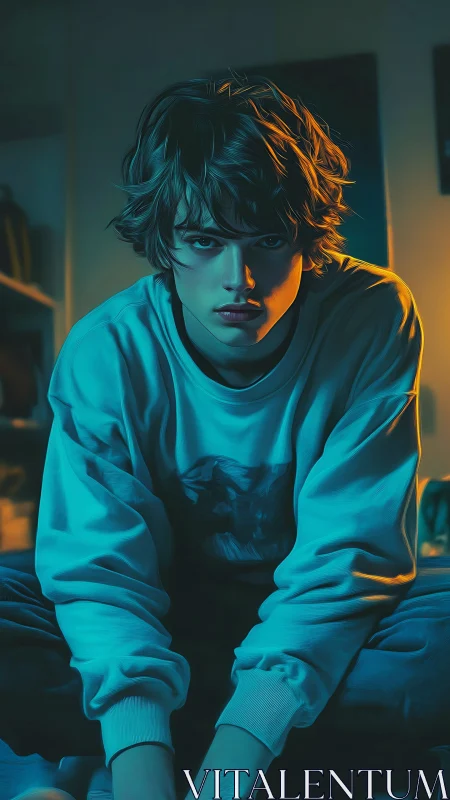 Moody teal orange portrait of pensive youth indoors.