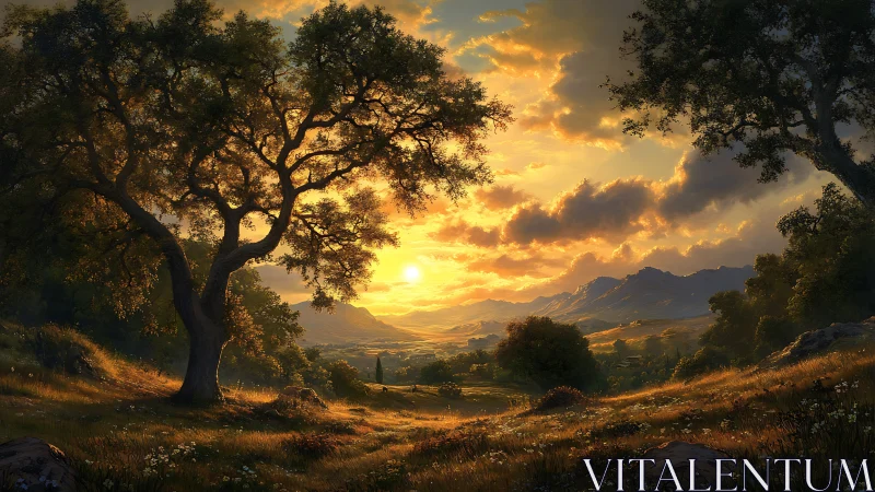 Golden sunset illuminates tranquil valley landscape view