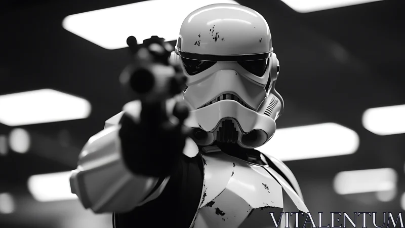 Helmeted blaster stare locks onto viewer in stark grayscale