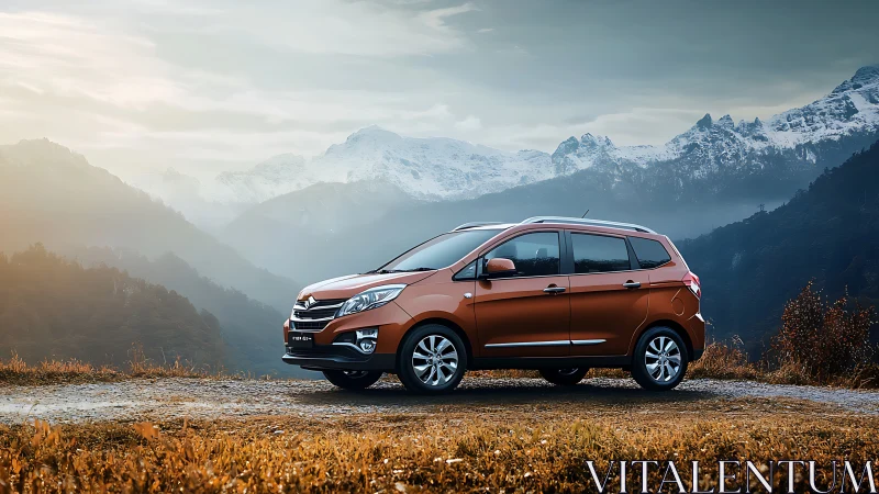 Copper SUV profile parked before misty alpine range.
