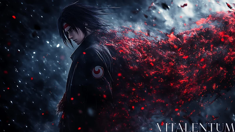 Solitary anime warrior dissolving into red embers.