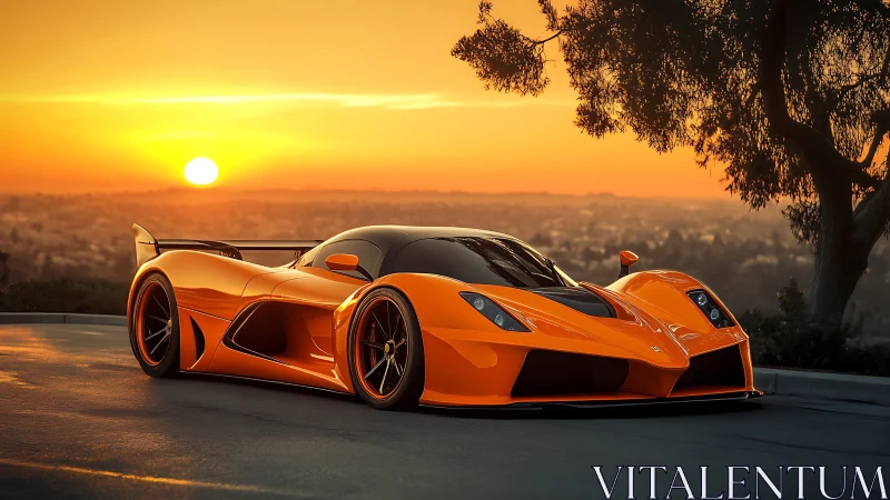 Orange hypercar dominates sunset hillside city overlook.