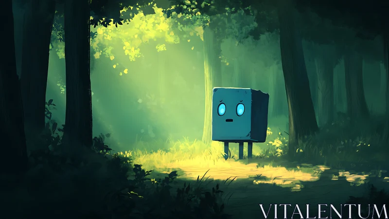 Luminous cube guardian awakens in the verdant forest glen.