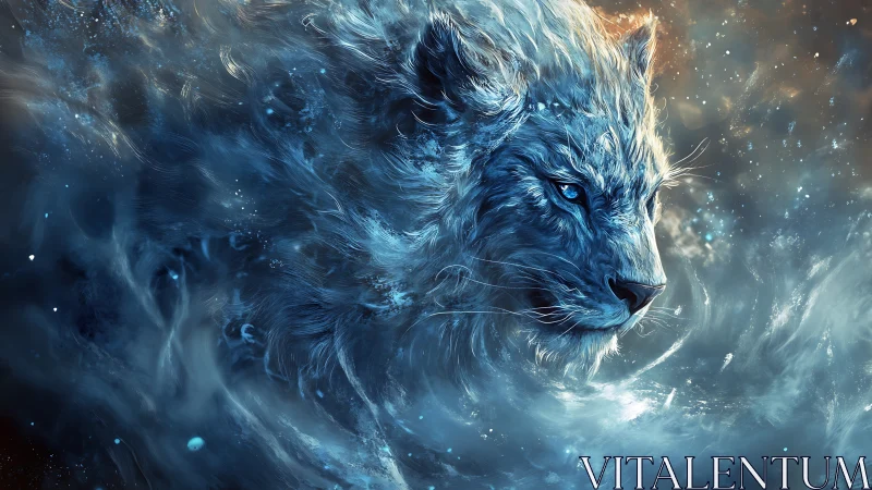 Ice-born celestial lion emerges from swirling starlit mist.