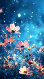 Nocturnal cosmos wildflowers under luminous bokeh nebula