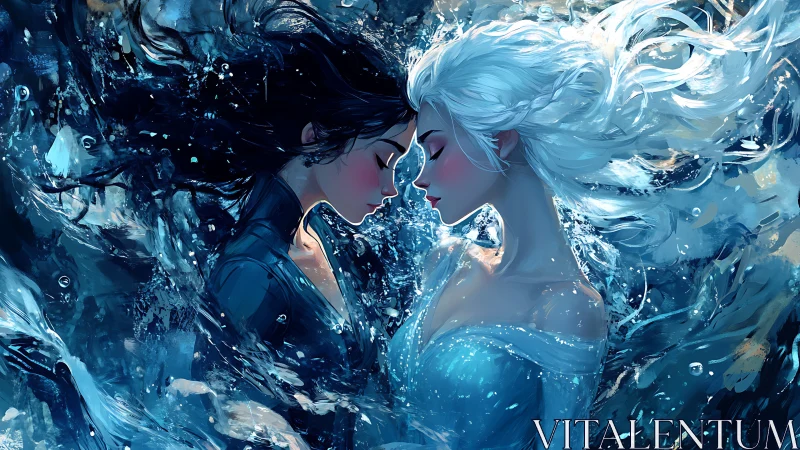 Two women float underwater, foreheads touching in profile