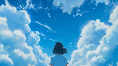 Rear-view girl under cumulus cloudscape in vivid blue sky