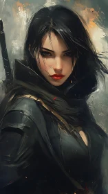 Fierce rogue heroine with windswept hair and steady gaze.