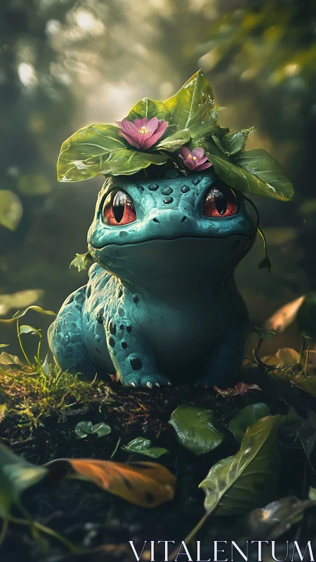 Small blue creature sits on forest floor under leaf crown