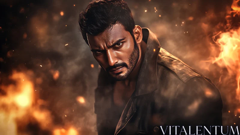 Brooding male warrior portrait amid swirling firestorm.