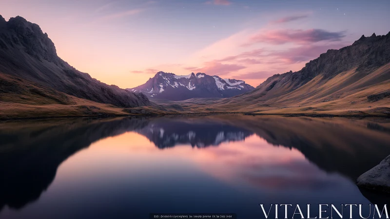 Glacial mountain range reflects in calm alpine lake at dusk