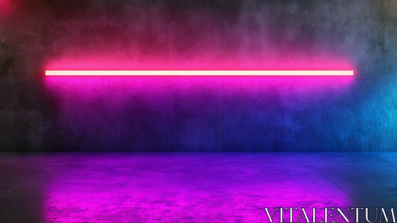 Horizontal neon light bar illuminates a concrete interior wall