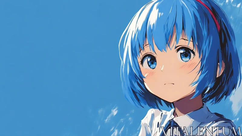 Blue haired anime girl gazes upward against clear sky