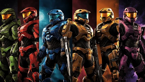 Row of color-segmented armored soldiers in sci-fi gear.
