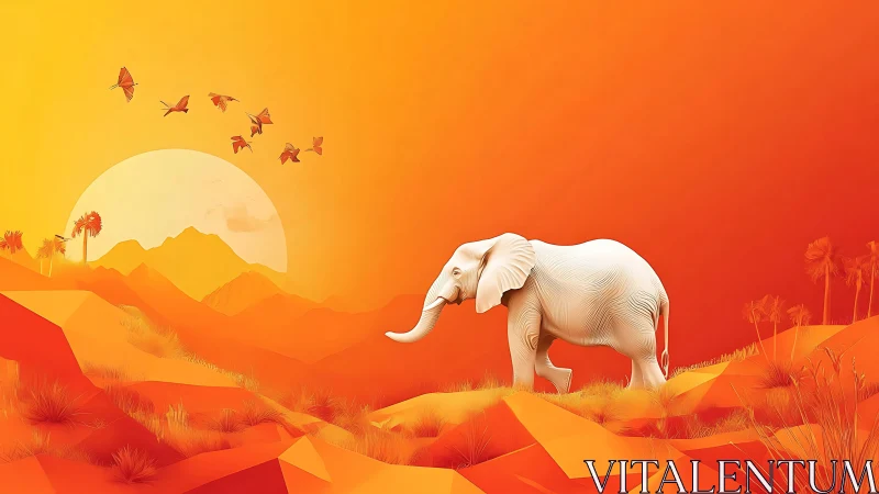 Digital painting of white elephant in stylized sunset savanna.