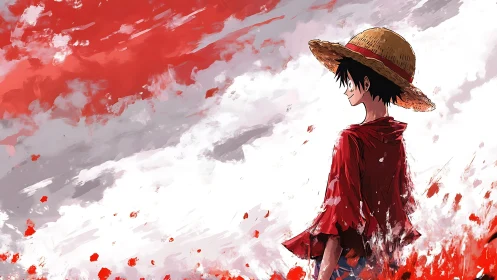 Straw hat anime boy against red and white painted sky.