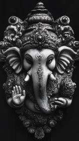 Ganesh relief sculpture with ornate monochrome detailing.