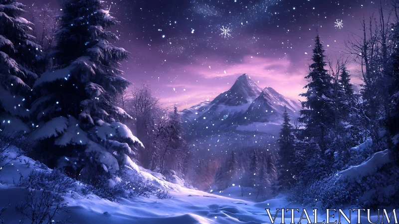 Noctilucent alpine snowfall under violet atmospheric scattering.