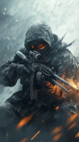 Hooded winter warrior holding steady in swirling sparks.