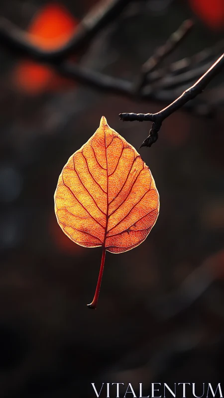 Single backlit leaf hangs from branch against dark background