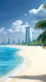 Modern waterfront skyline with beach and sail-shaped tower.