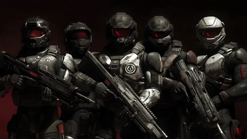 Armored sci fi strike team stands united in ominous red light