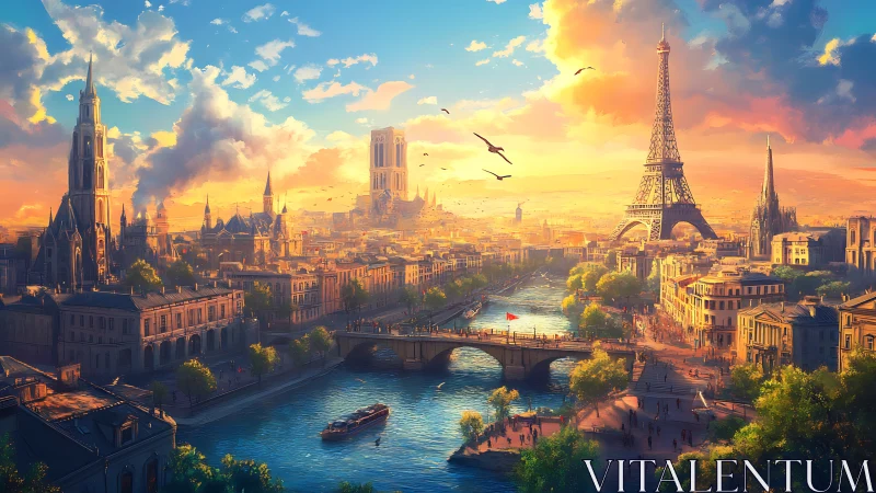 Golden hour Paris skyline glows gently above the river