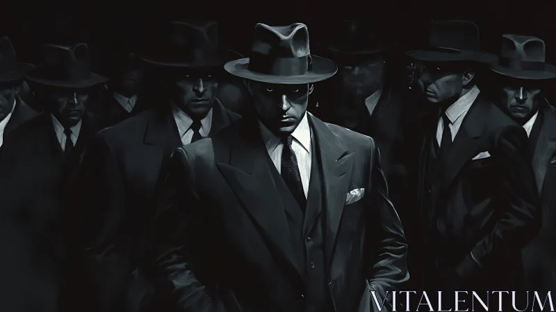 Group of suited men in fedoras stand in dark low key lighting