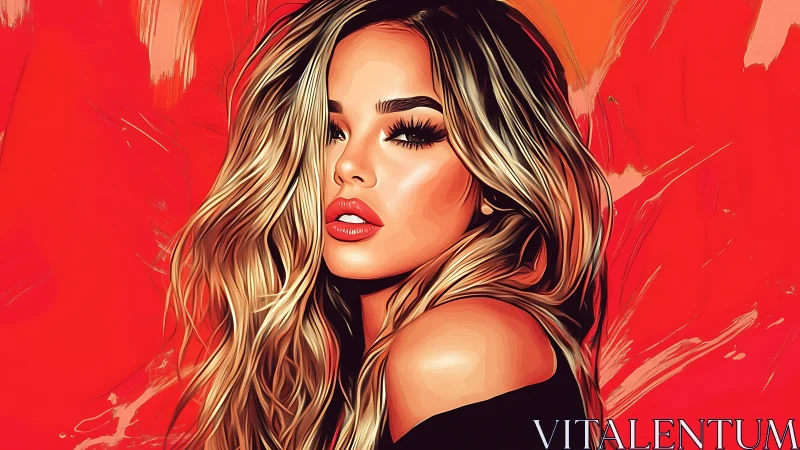 Bold digital portrait of glamorous woman against fiery red backdrop