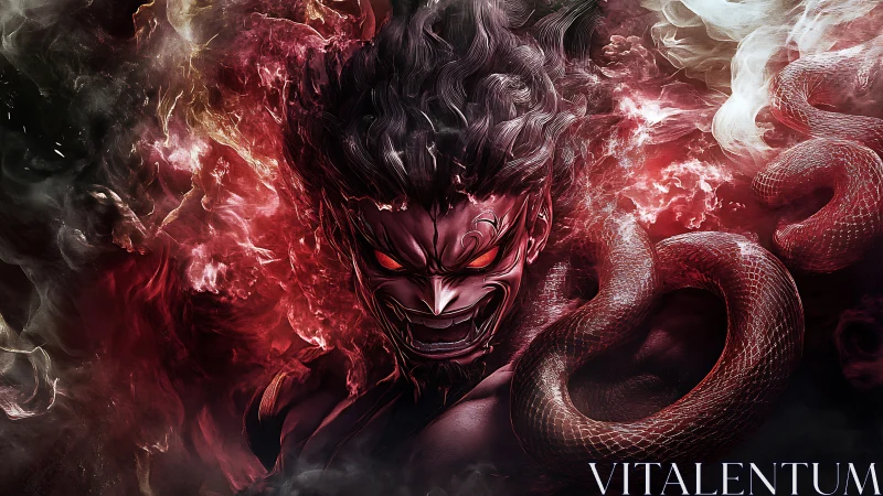 Demonic serpent avatar in infernal smoke digital painting.