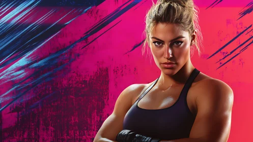 Athletic Woman Fitness Portrait Against Neon Background.