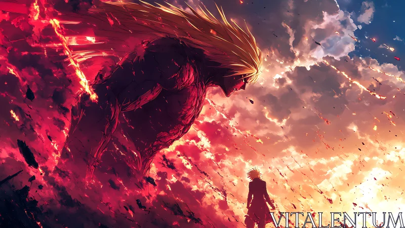 Colossal flame titan strides through a storm-torn sky of embers.