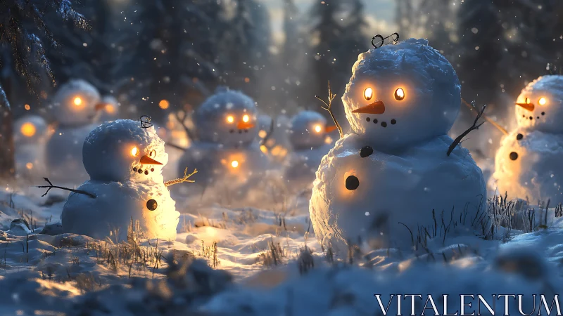 Glowing snowmen gathered in a snowy winter forest at dusk.