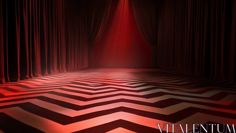 Red stage glows above zigzag floor in dramatic spotlight.