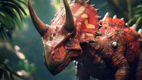Horned jungle guardian in blazing crimson dinosaur armor.