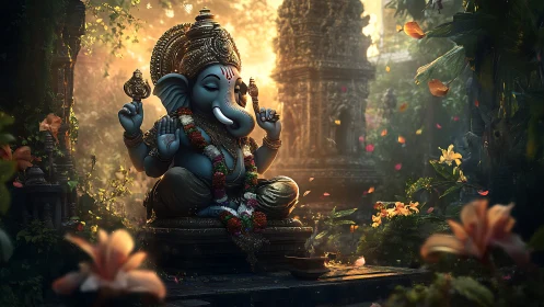Ganesha idol sits in glowing jungle temple courtyard at dawn