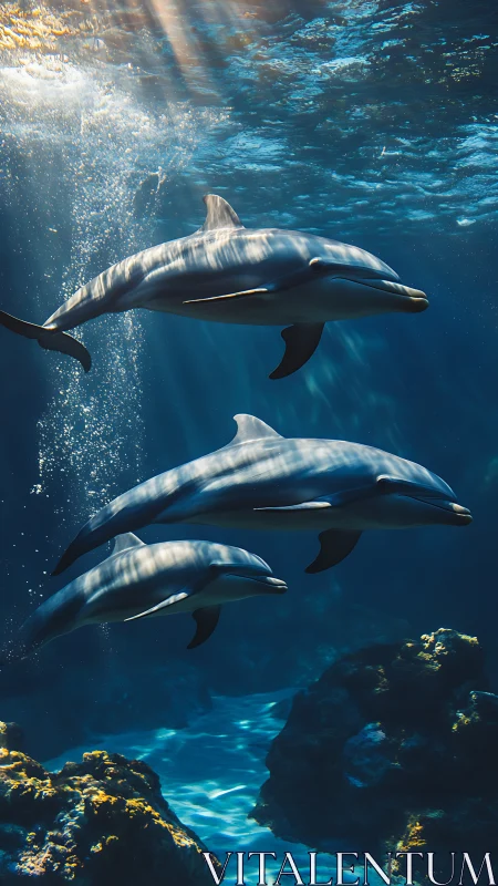 Three dolphins move underwater through refracted sunlight