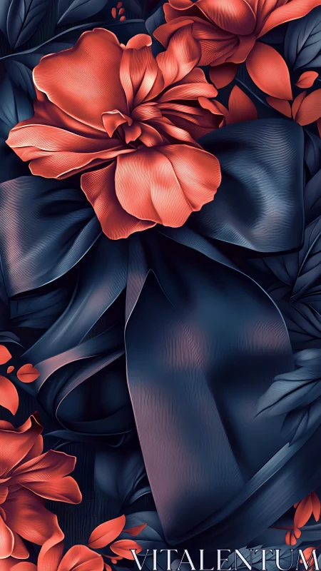 Digital Blooms: Red Coral Flowers Against Deep Navy Foliage.