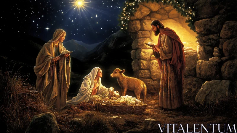 Nativity night scene with infant in manger and bright star.