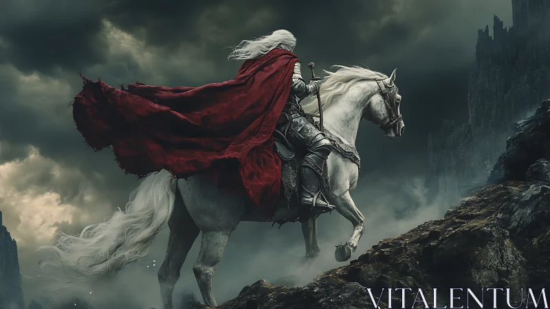 Armored rider on white warhorse ascending stormed crags.