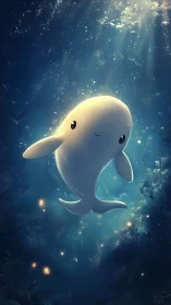 Luminous stylized beluga drifting through volumetric seafloor light.