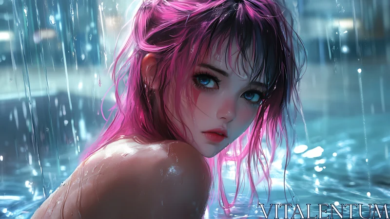 Rain-soaked anime portrait uses specular highlights and bokeh depth