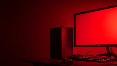 Bold red desktop computer setup glows with clean modern style