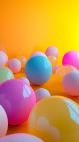 Colorful glossy spheres on bright orange gradient background.