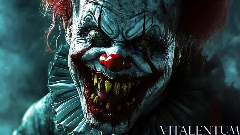 Grotesque horror clown portrait with decayed teeth and ruff