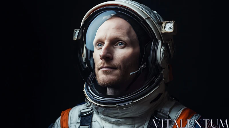 Photorealistic portrait of astronaut in EVA helmet against black
