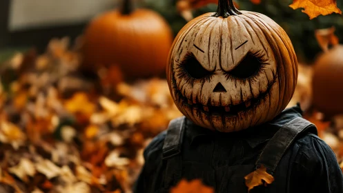 Grim jack-o-lantern scarecrow dominates an autumnal shallow depth