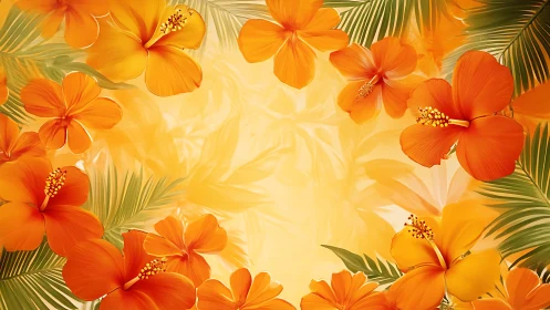 Tropical Hibiscus Blooms Frame Central Luminous Void